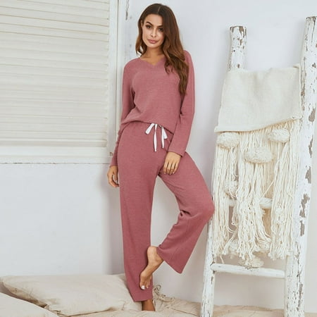 

Women Casual Long Sleeve Pajamas Suit Loose Shirt Pants Set Homewear Nightwear Solid Color Yogawear