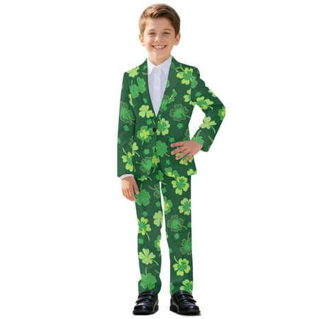 Xoenoiee Shamrock Leaf Print Boy Suits 2 Piece Slim Fit Formal Suit Set with Tuxedo Jacket Pants for Kids Wedding Ring Bearer Party St. Patrick s Day Size 7-8 Years