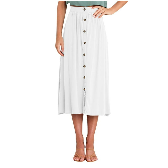 Cinvoph Womens Button Midi Skirts Casual Vocation Holiday Skirt High Waist Elastic Ruffle Flowy Skirts