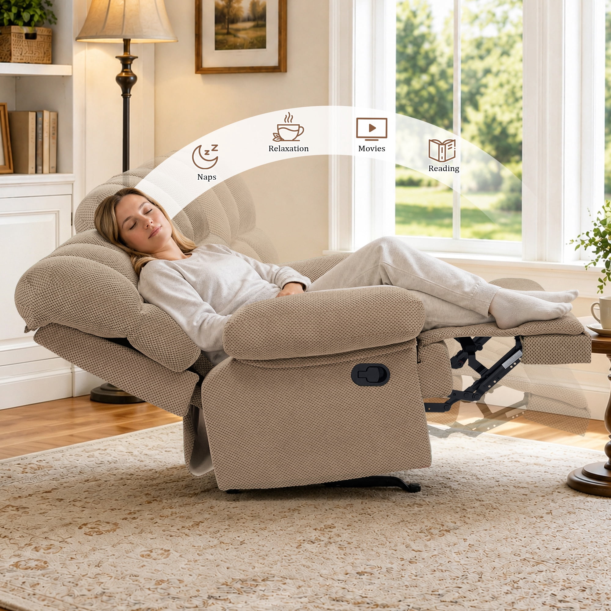 Lunale Manual Rocker Recliner for Home/Office, Adults Fabric Reclining Lounge Chair with Footrest, Camel Polyester