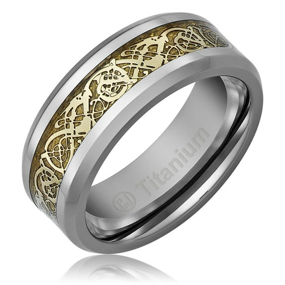 Mens Wedding Band in Titanium 8MM Promise Engagement Ring Gold-Plated Celtic Dragon Design
