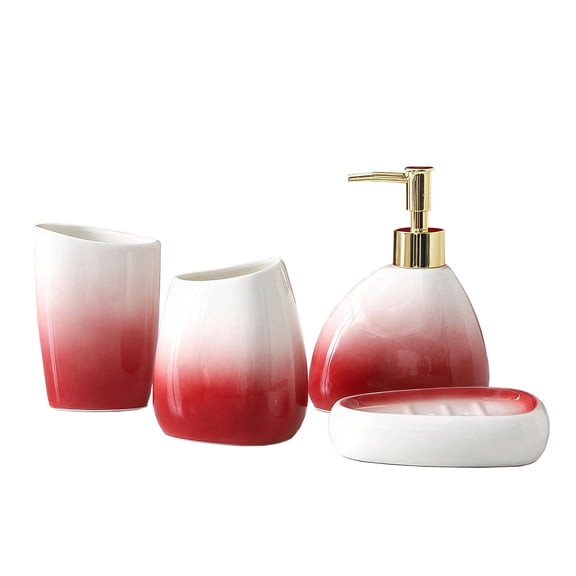 4 Pcs Ceramic Bathroom Accessory Set - White & Red Gradient Soap Dispenser, Toothbrush Holder, Soap Dish & Cup - Fashion Vanity Decor for Home, Apartment, Hotel
