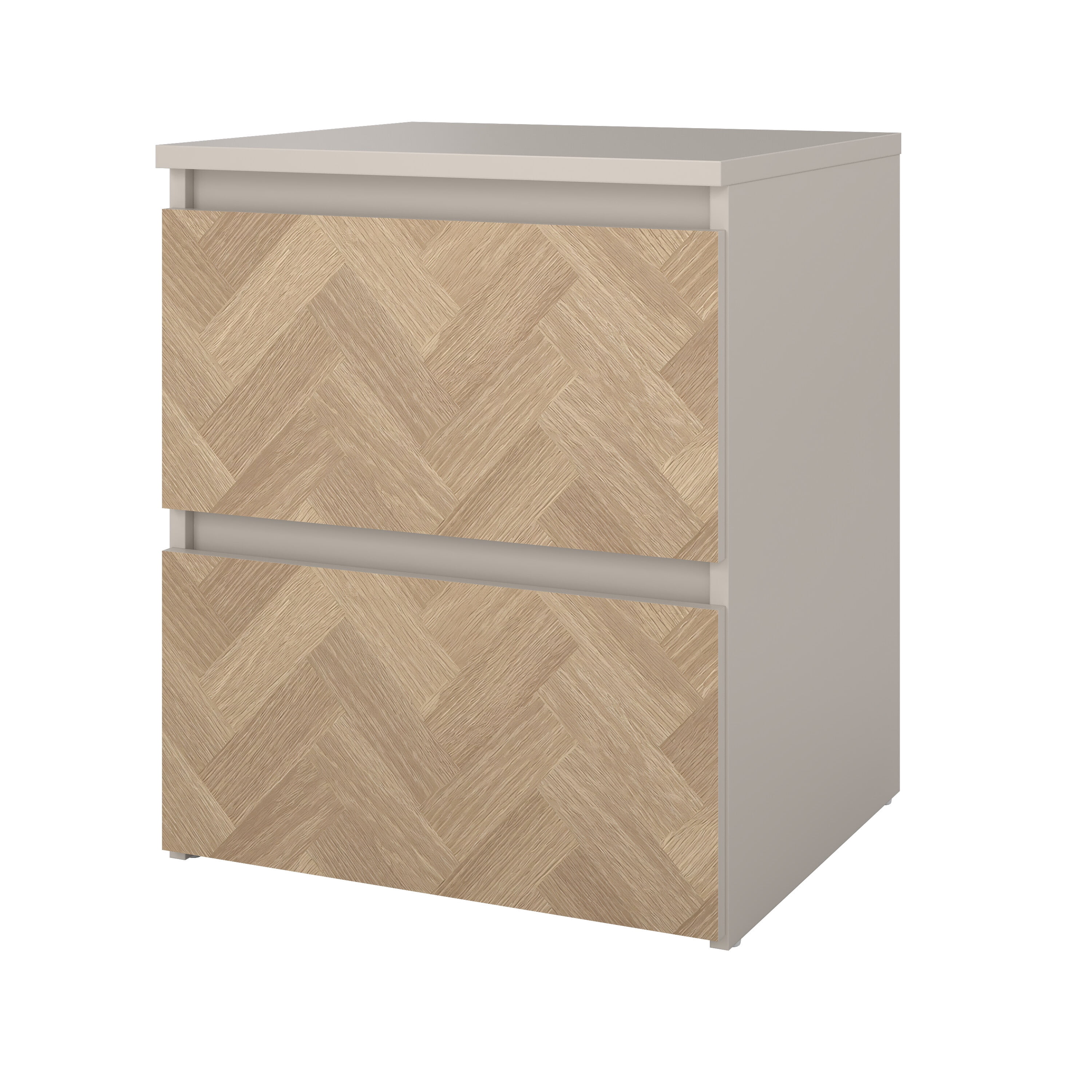 Tvilum 2 Drawer Herringbone Nightstand with Handle-Free Drawers, Soft Beige / Herringbone