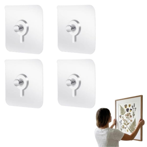 No Drill Adhesive Hooks, Wall Hooks Self Adhesive Wall Mount Screw Hooks Upgraded Picture Hangers Without Nails Nail Free Wall Hangers for Home Bathroom Kitchen (2.36" × 2.36", 4pcs)