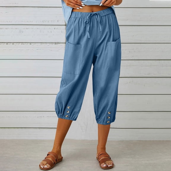 Zysthvn Capris Pants for Women Casual Cropped Plus Size Joggers Womens Pants Button with Pockets Elastic Waist Solid Drawstring