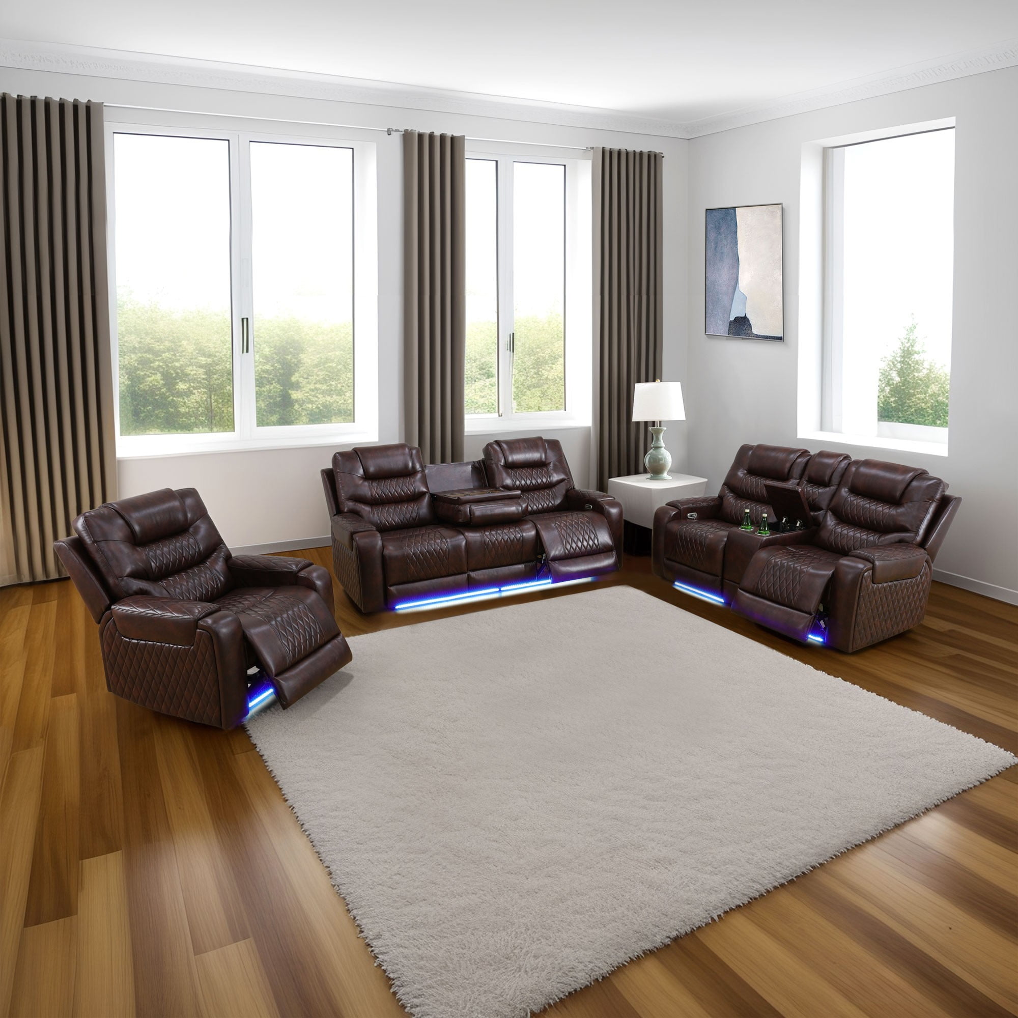 Gewnee Air Leather Power Recliner Sectional , Loverseat and Sofa Couch with LED, USB Port&Cup Holder for Living Room