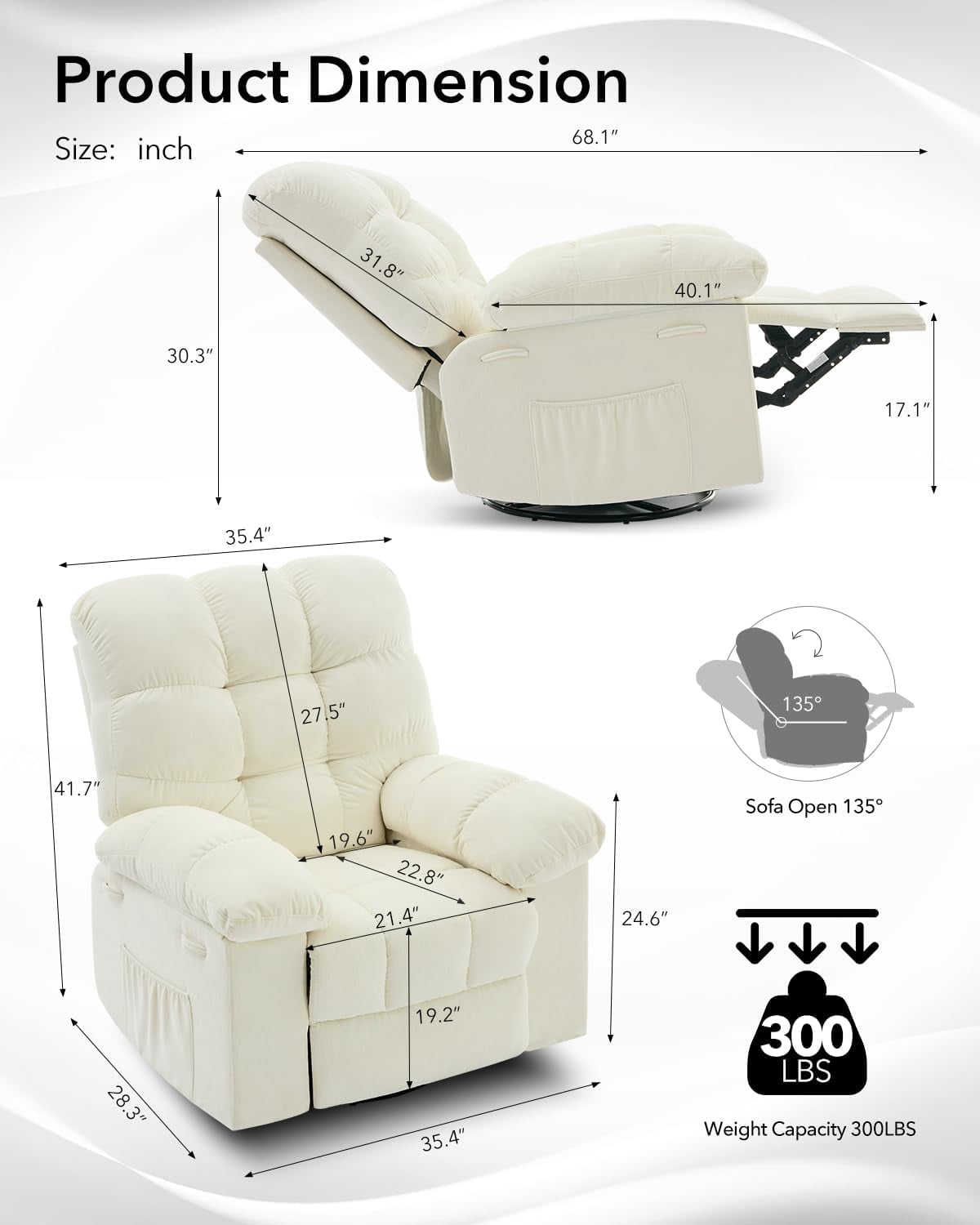 Rocking Recliner Chair,360° Swivel,30° Rocking,135° Tilt,Chenille Upholstery,Q235 Steel Frame Glider Nursery Chair for Small Spaces