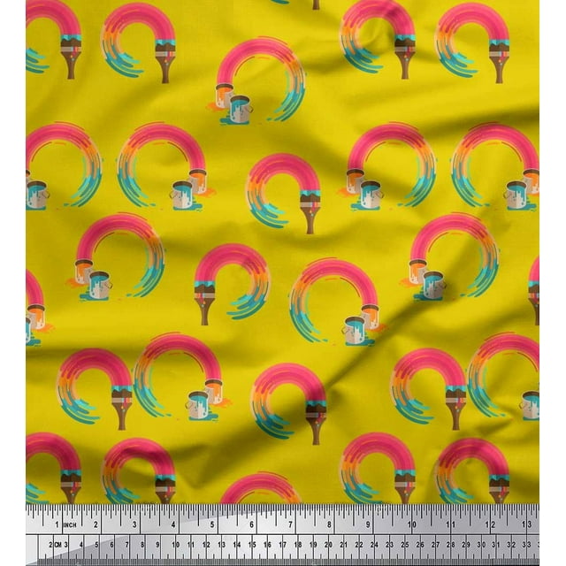 Soimoi Yellow Cotton Voile Fabric Paint Brush Abstract Decor Fabric Printed Yard 42 Inch Wide