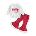 thumbnail image 2 of Elippeo Toddler Girls Fall Outfits 6M 12M 18M 24M 3Y 4Y Letter Print Crew Neck Sweatshirts Plush Patchwork Flare Pants 2Pcs Christmas Clothes Set, 2 of 10