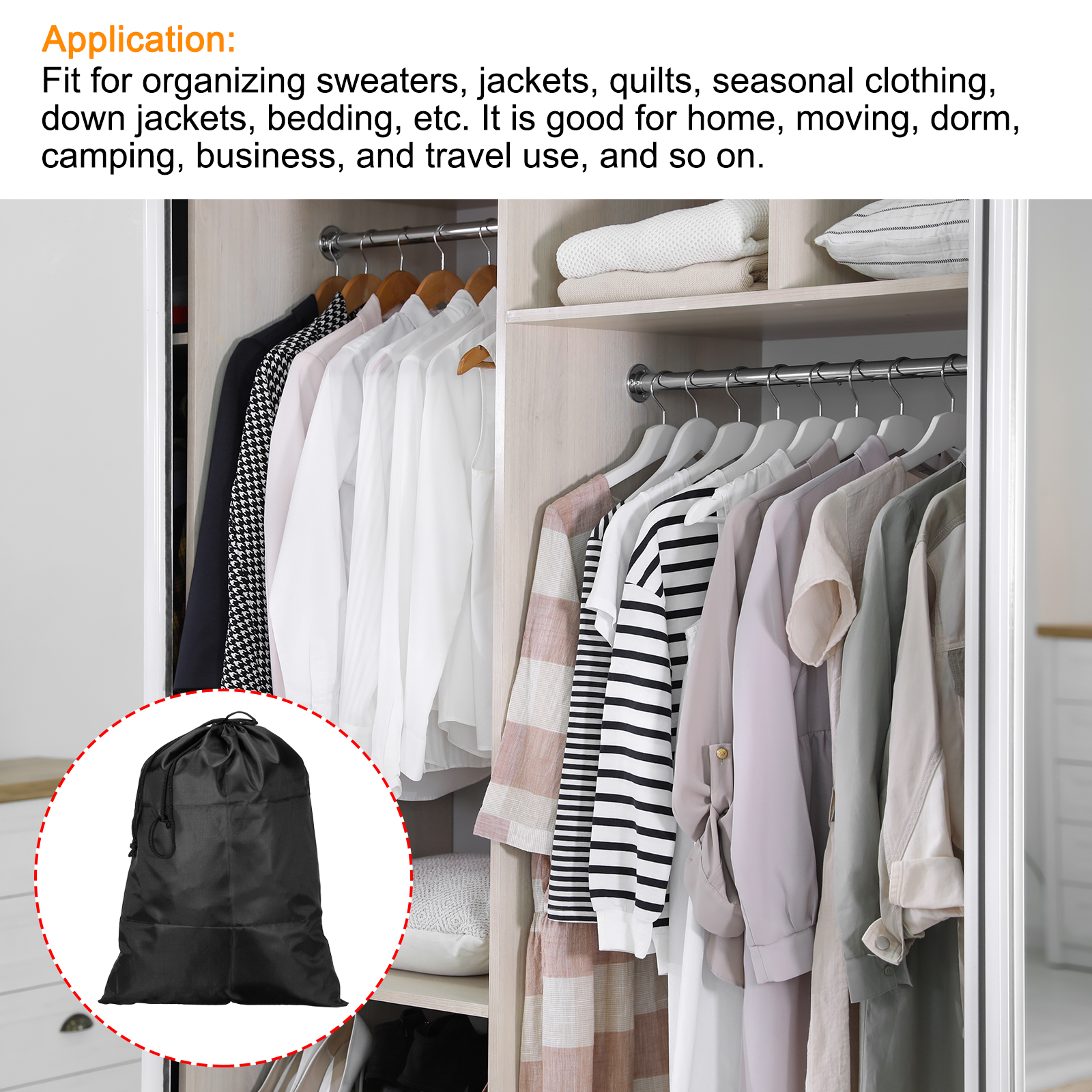 Unique Bargains Clothes Storage Drawstring Bag for Travel and Home Use Black 19.7"