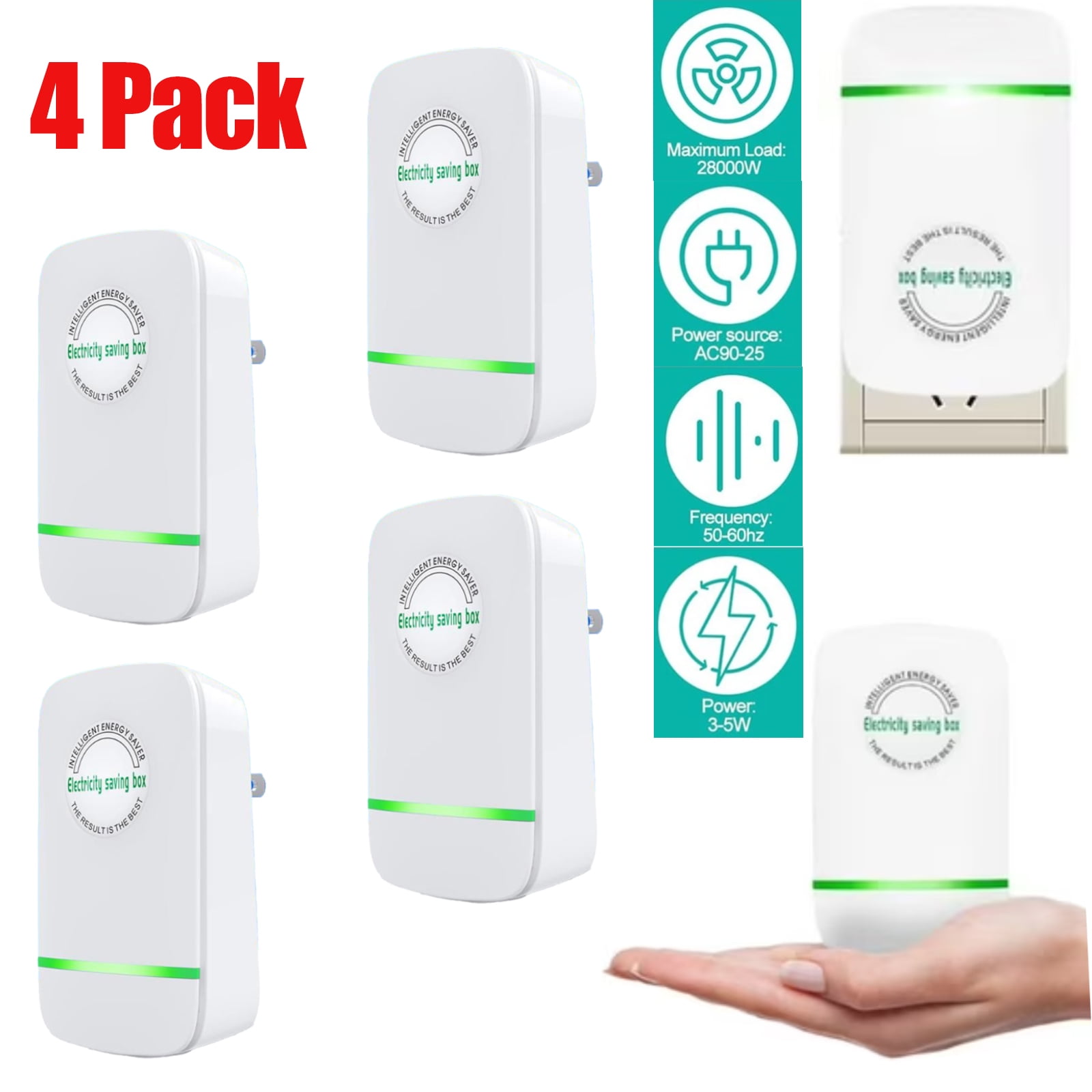 Power Saver,4 Pack Energy Saver,Household Power Saver, Electricity Saving Box Household Office Market Device Electric Smart,90V-250V 28KW White