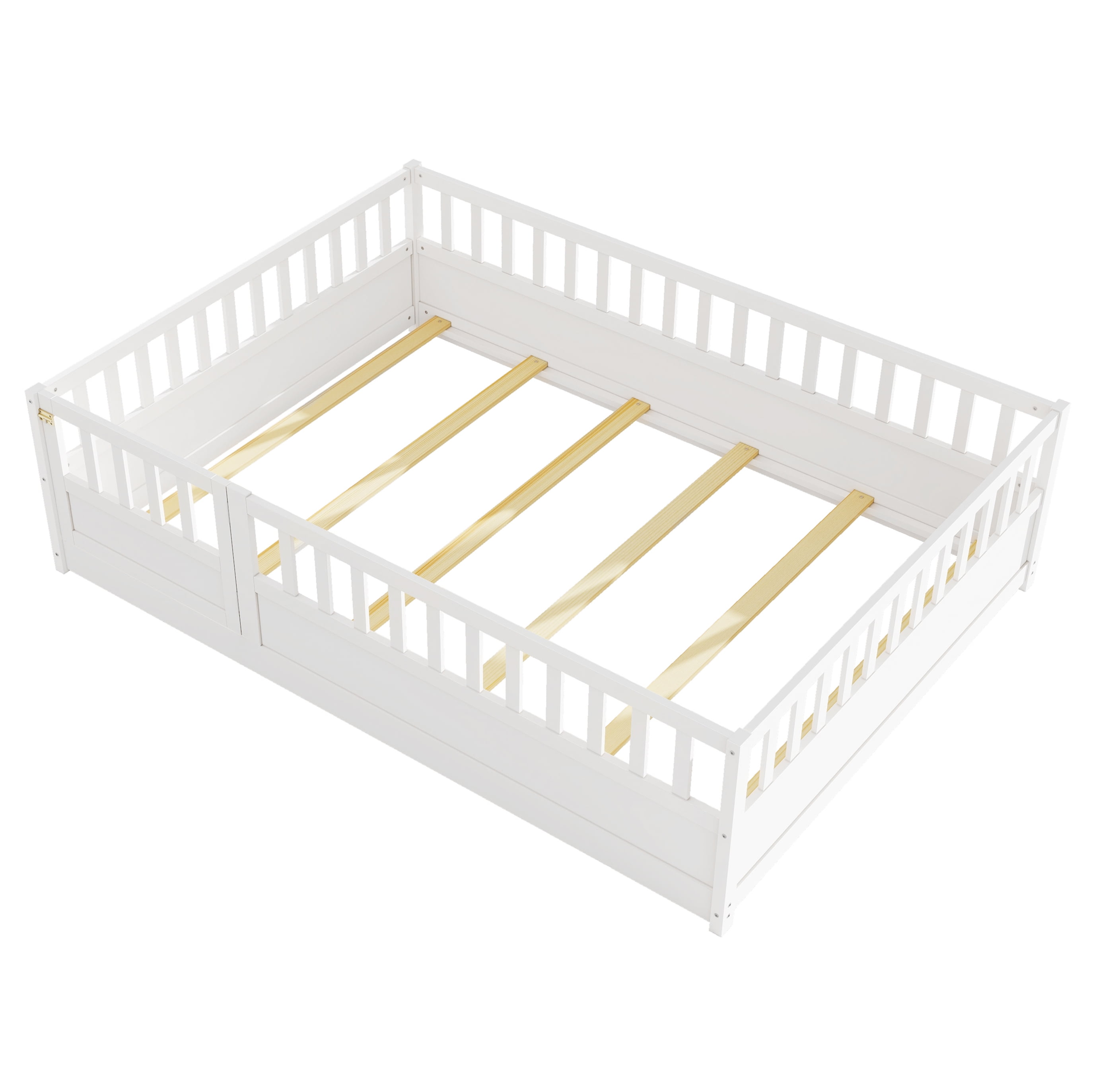 Miniyam Wood Full Size Floor Bed with High Fence, Door, White