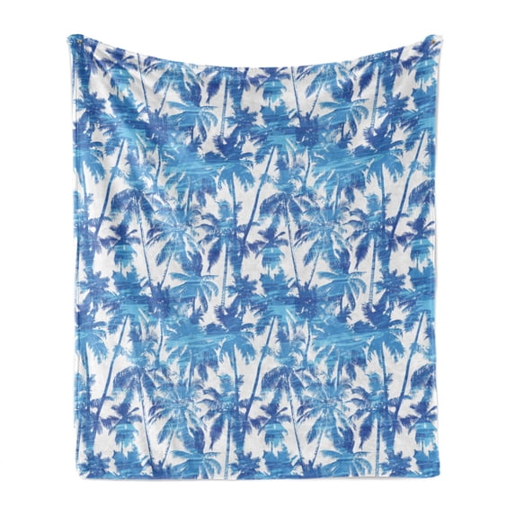 Tropical Soft Flannel Fleece Throw Blanket, Palm Tree Jungle Theme Exotic Hawaiian Foliage Composition in Blue Tones, Cozy Plush for Indoor and Outdoor Use, 50" x 60", Azure Blue White, by Ambesonne
