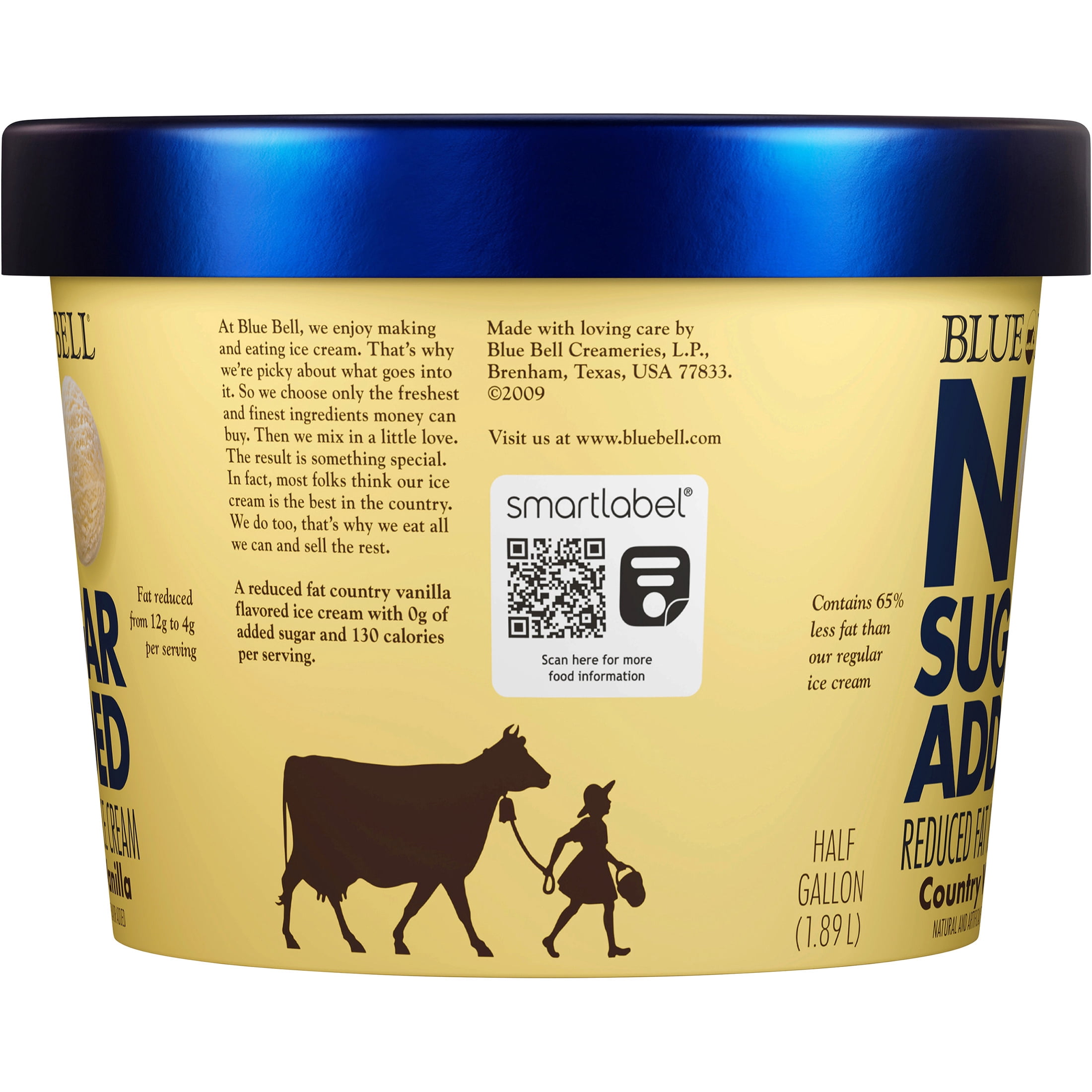 Blue Bell No Sugar Added Country Vanilla Reduced Fat Ice Cream Half Gallon, 64 fl oz
