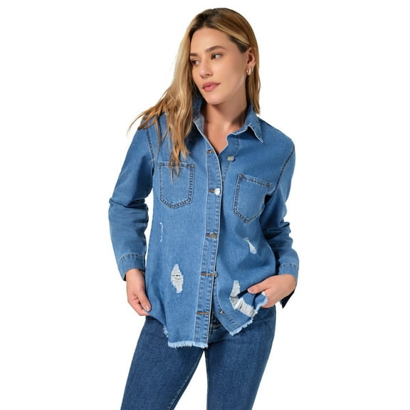 roswear Women's Denim Shirts Long Sleeved Distressed Blouses, Sizes M-XL