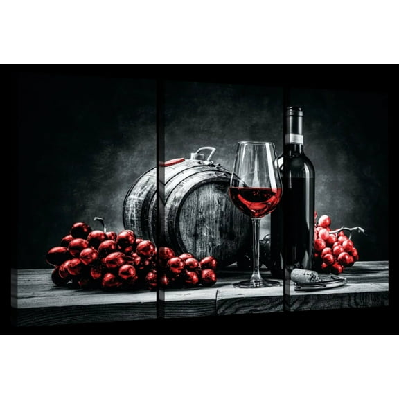 Elephant Stock Wine And Grapes Red Pop Wall Art - Horizontal Multi Panel Canvas - 3 Pieceliving Room Wall Decor - Photography Food And Drink Multi Panel - Red And Black Decor - 23" x 14"