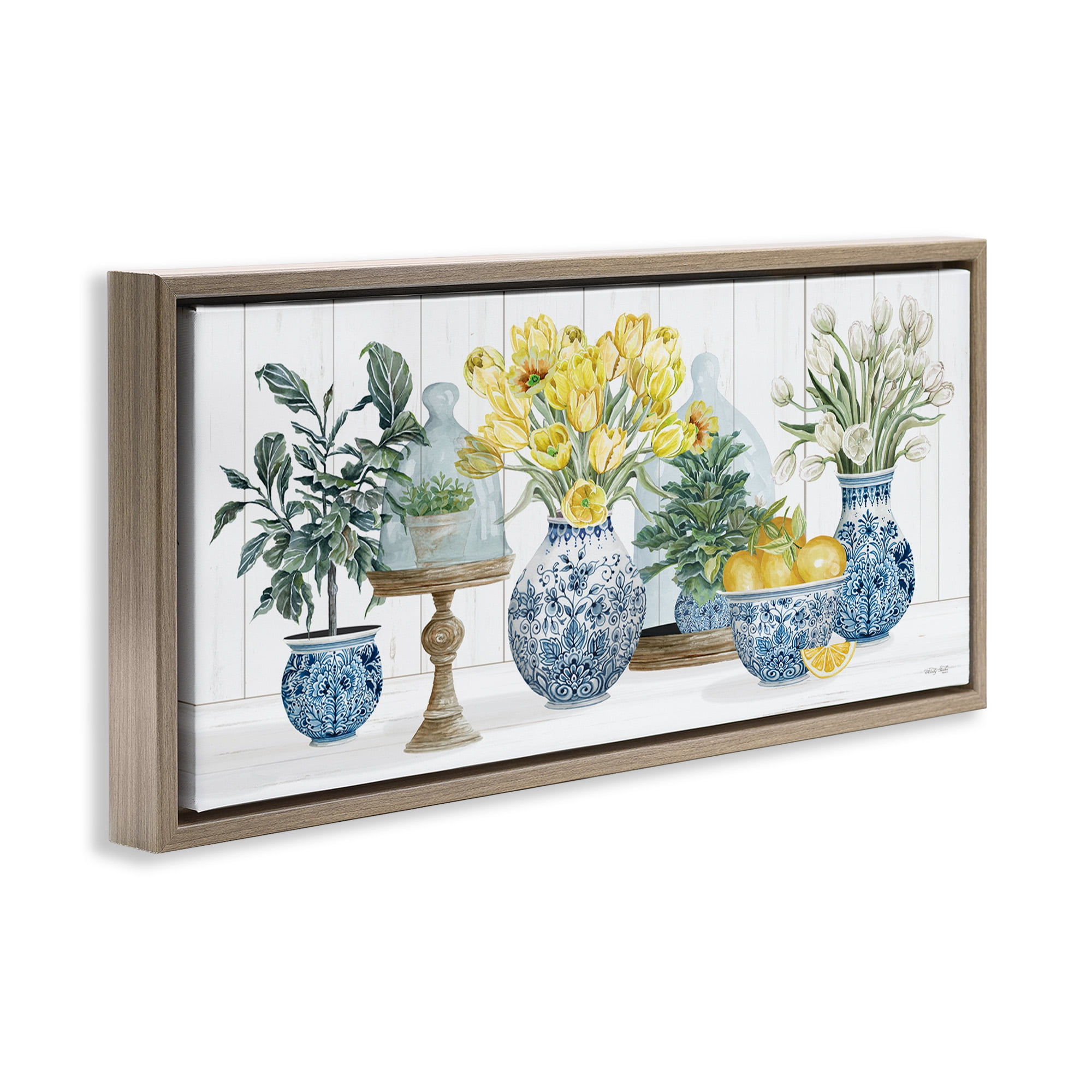 Stupell Industries Yellow Tulips & Lemon Fruits Botanical & Floral Painting Brown Floater Framed Canvas Art Print Wall Art, 31 x 14