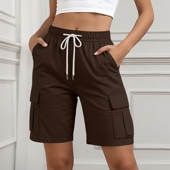 Cagogo Womens Cargo Short Pants Casual Elastic Waist Loose Fit Bermuda Shorts with Pockets Solid Streetwear Vacation Beach Summer Work Trousers, Brown 2XL