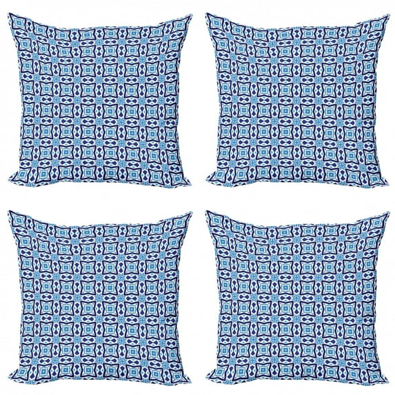 Geometric Throw Pillow Cushion Case Pack of 4, Abstract Composition of Tiles with Angled Lines Contemporary Design, Modern Accent Double-Sided Print, 4 Sizes, Blue Dark Blue White, by Ambesonne