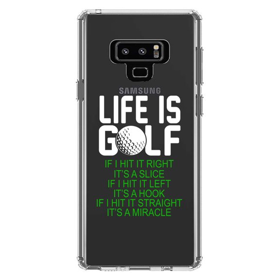 DistinctInk Clear Shockproof Hybrid Case for Samsung Galaxy Note 9 - TPU Bumper Acrylic Back Tempered Glass Screen Protector - Life is Golf Slice Hook Straight Miracle