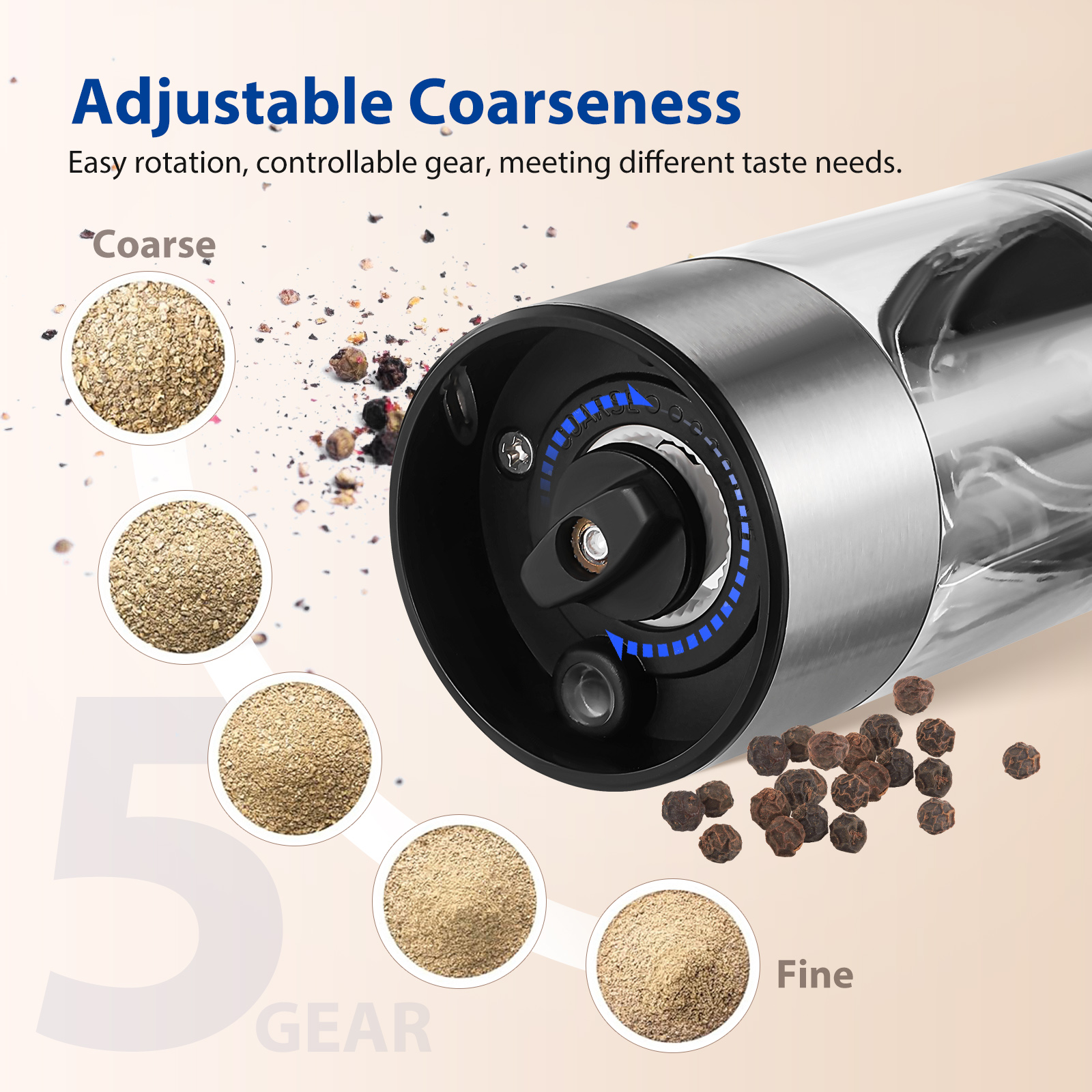 Electric Salt and Pepper Grinder Set, Automatic Pepper Mill Grinder w/Charge Base,Adjustable Coarseness