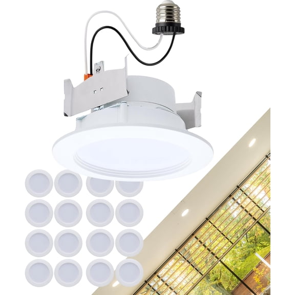 Satco S11895 9W LED 4-Inch Downlight Retrofit CCT Selectable 2700K–5000K 600–900 Lumens Regressed Wafer Round Matte White IC Air Tight Energy Star Wet Rated (16 Pack)
