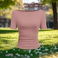 thumbnail image 5 of Uaswgudfs Women's Boat Neck Ruched Short Sleeve Tops Fitted Ribbed Knit T-Shirts Y2k Basic Tees for 2026 Spring Summer Outfits Pink S, 5 of 5