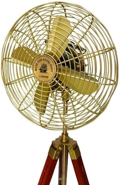 Padestal Fan Electric Corded Handmade Brass Antique Vintage Style Pedestal Fan with Wooden Adjustable Tripod Stand Retro Design, Unique Collectible, Functional Home Decor Vintage Reproduction