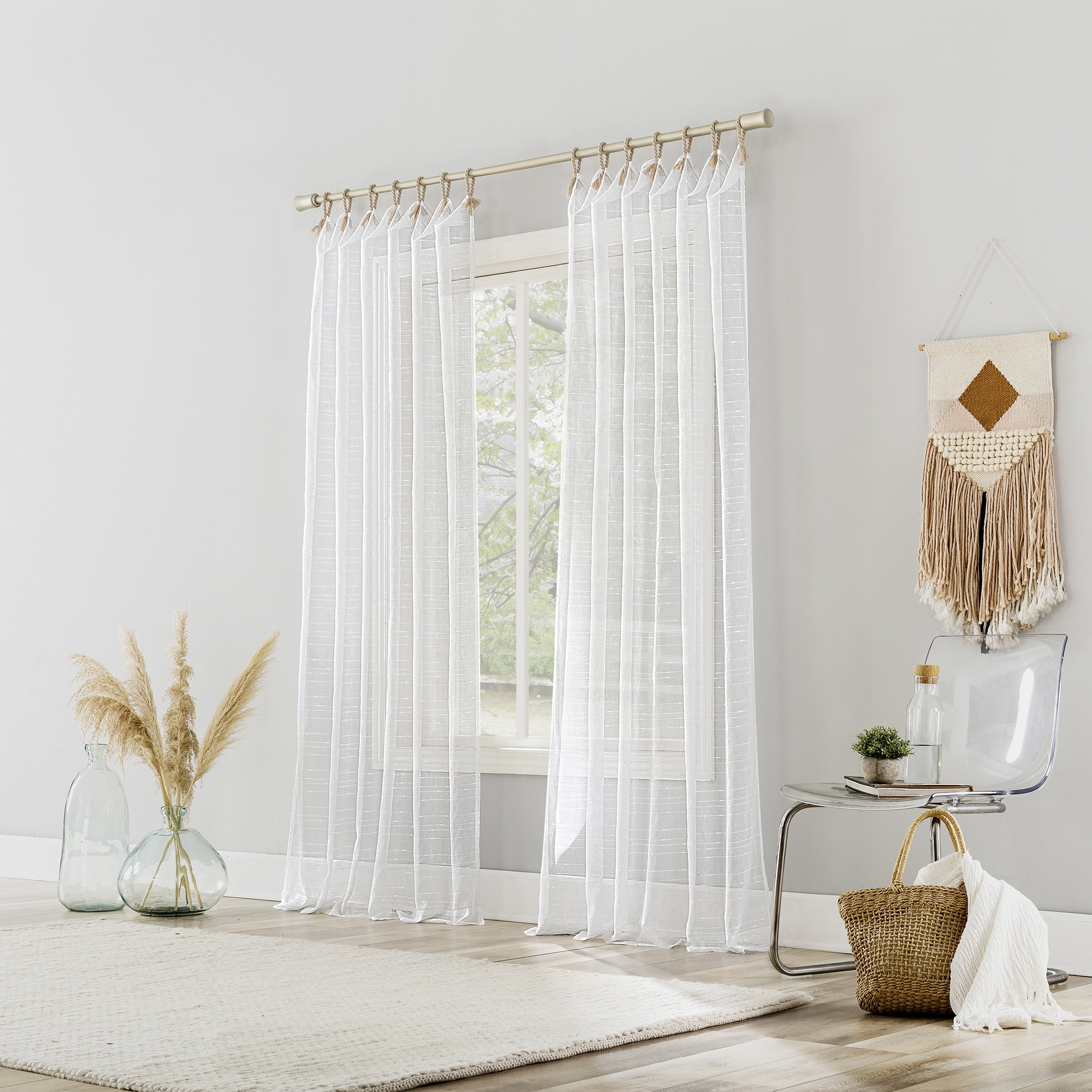 No. 918 Noemi Slub Stripe Rope Tab Semi-Sheer Curtain Panel, 1-Piece Tab Top Indoor Window Panel, 50”x84", White