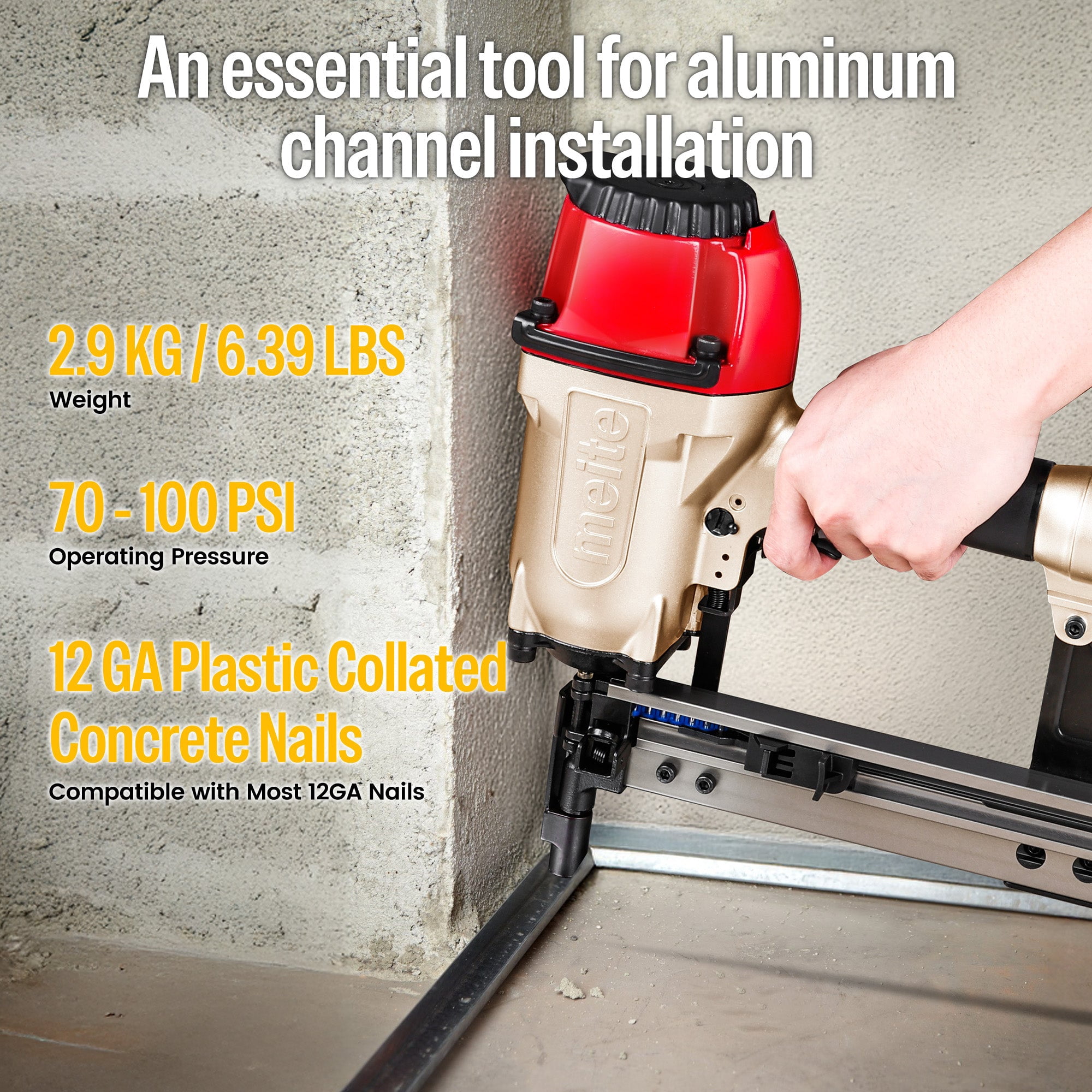 MEITE MTCS3040L Pneumatic Concrete and Steel Pinner 12Gauge 1/2" to 1-1/2" Length Concrete Nailer