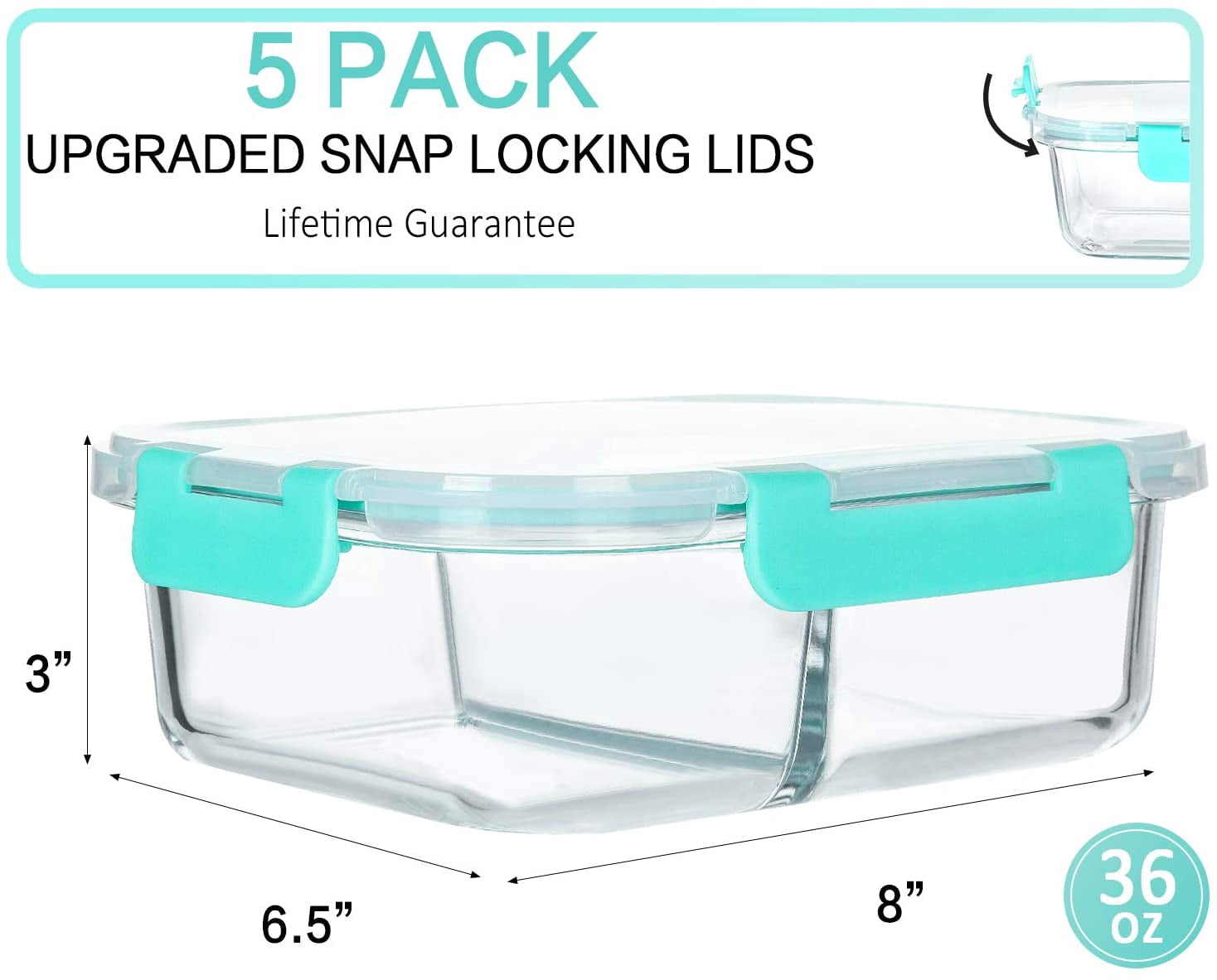 Glass Food Storage Containers with Lids, 36 Oz 5-Pack, Glass Meal Prep Containers Two Compartments, BPA-Free and Leak-Proof