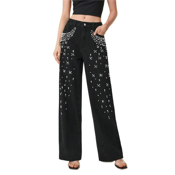 Pantalones vaqueros de mujer con diamantes de imitación, cintura alta, rectos, de pierna ancha, elásticos y brillantes.