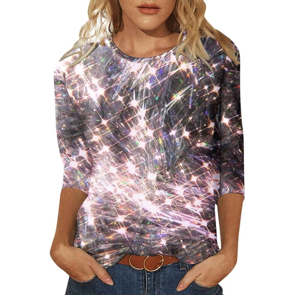 PMVFHDE Womens Tops Quarter Sleeve Crewneck Loose Fit Sequin Casual Print T-Shirt