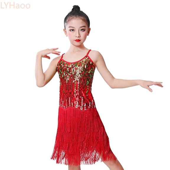 LYHaoo Girls Sequin Slip Dress Latin Dance Dress Performance Dress Fringe Dress Dance Dress Stage Show Dress,Girls A Line Dresses Sizes 3-4 Years Red