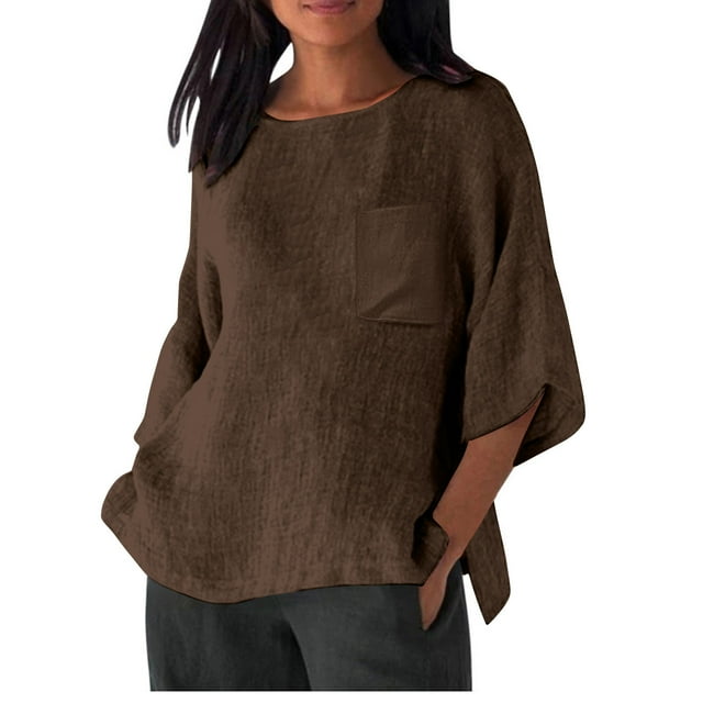 Hauts en Lin pour Femmes Chemise à Manches Chauve-Souris Blouse Décontractée Coupe Ample Couleur Unie Tunique à Col Rond d'Été