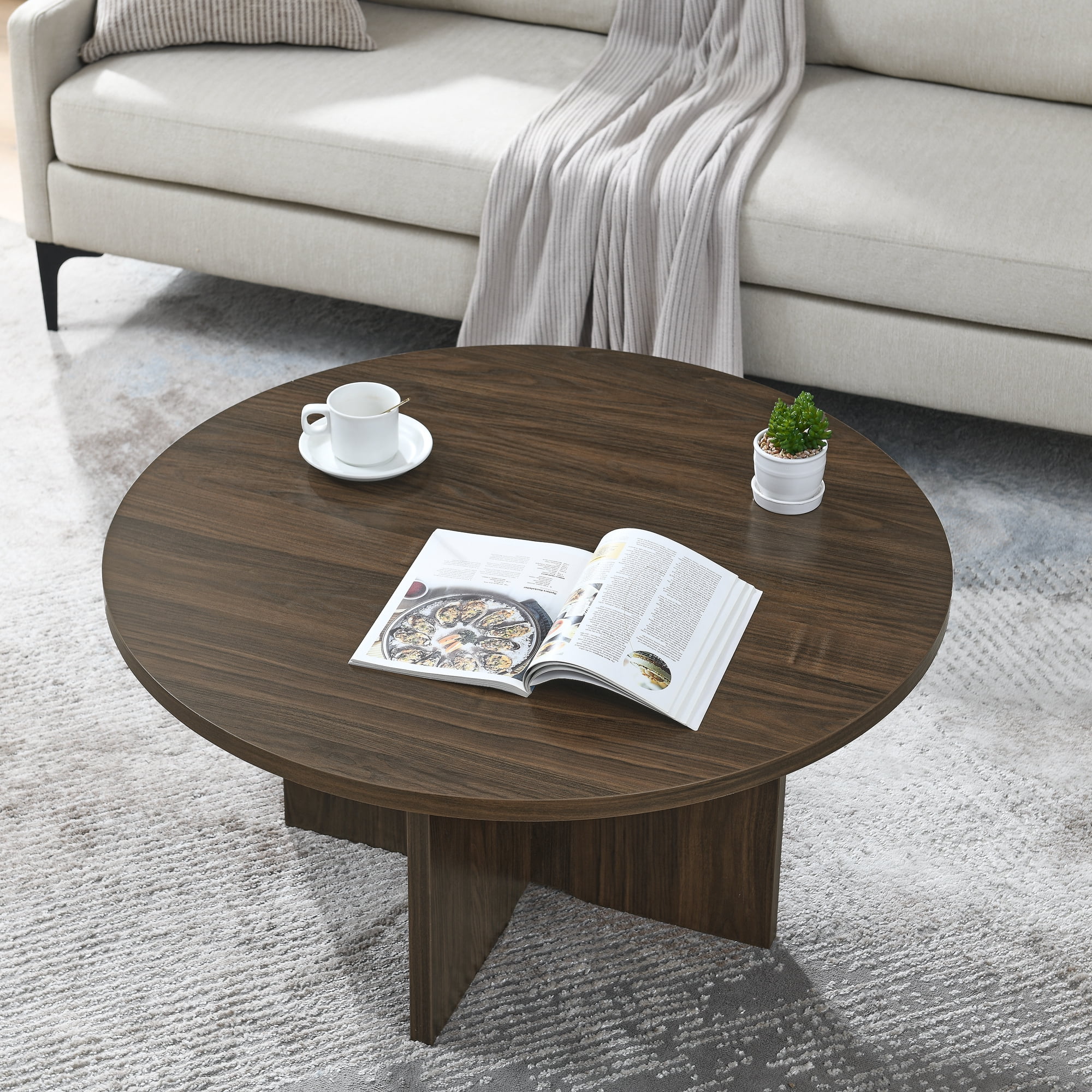 Round Coffee Table,Nordic Style Solid Wood Coffee Table with Wood Leg,Natural Walnut