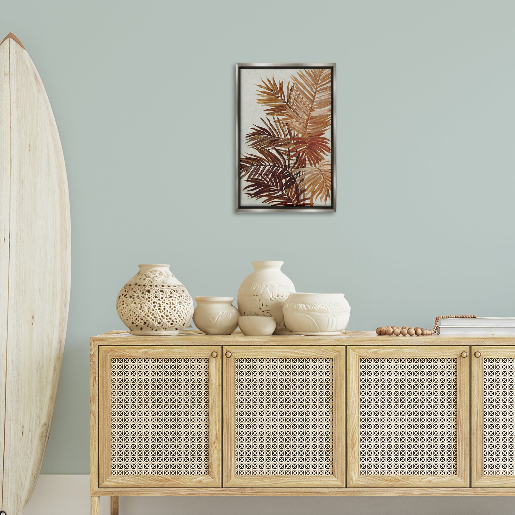 Stupell Industries Natural Palm Leaves Plants & Flowers Painting Gray Floater Framed Canvas Art Print Wall Art, 17 x 25