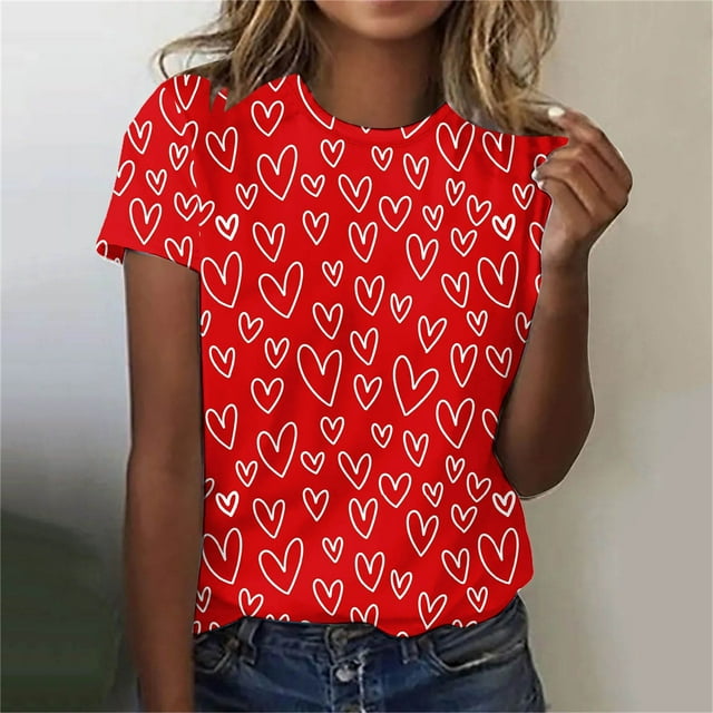 Meichang T-Shirts de la Saint-Valentin pour Femmes, Col Rond, Imprimé Cœur, Coupe Ample, Manches Courtes, Couple Mignon