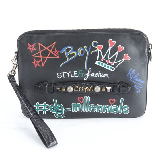 Pre-Owned Dolce & Gabbana Millennials Leather Second Bag Clutch Black Men's