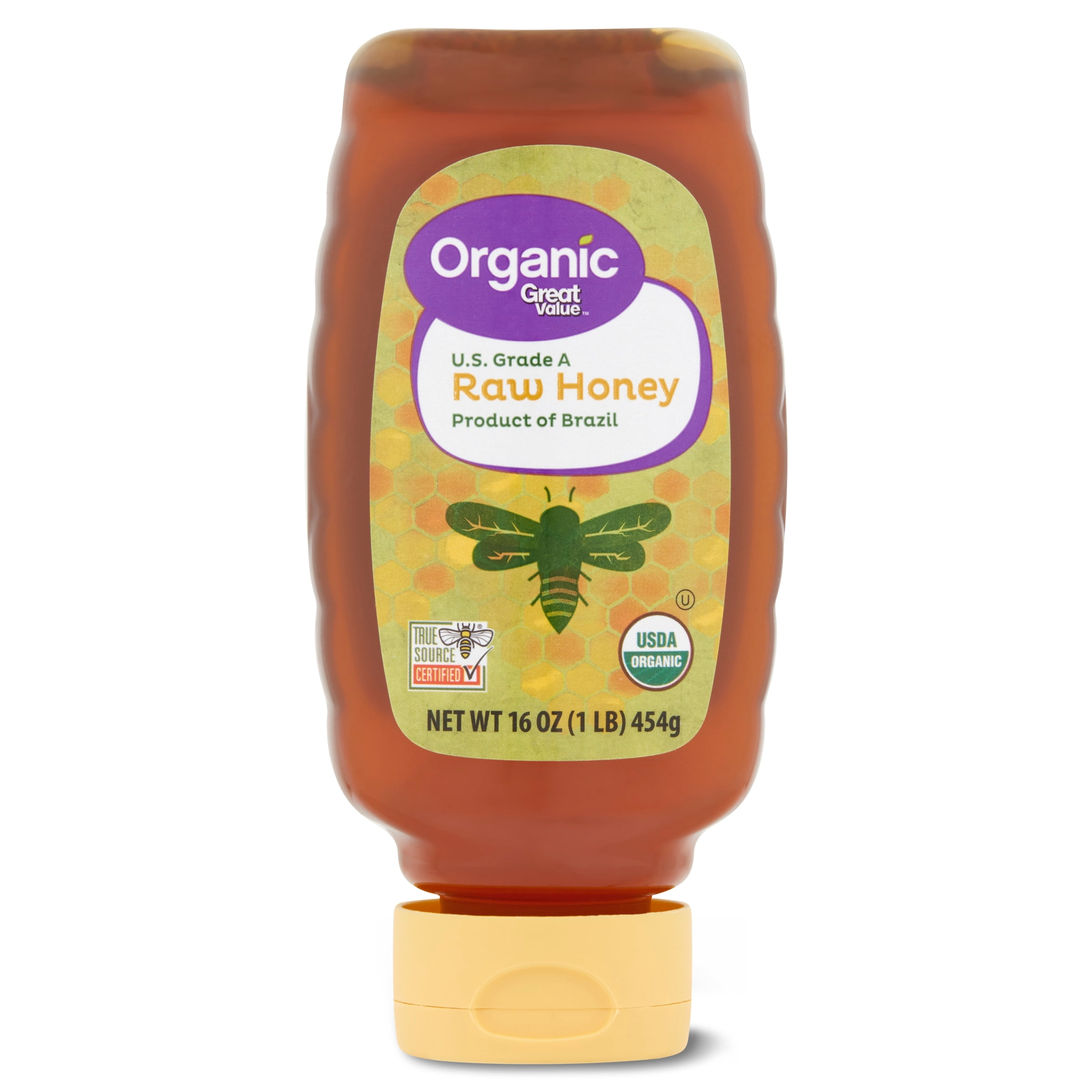 Great Value Organic Strained Raw Honey, 16 oz Inverted Plastic Bottle