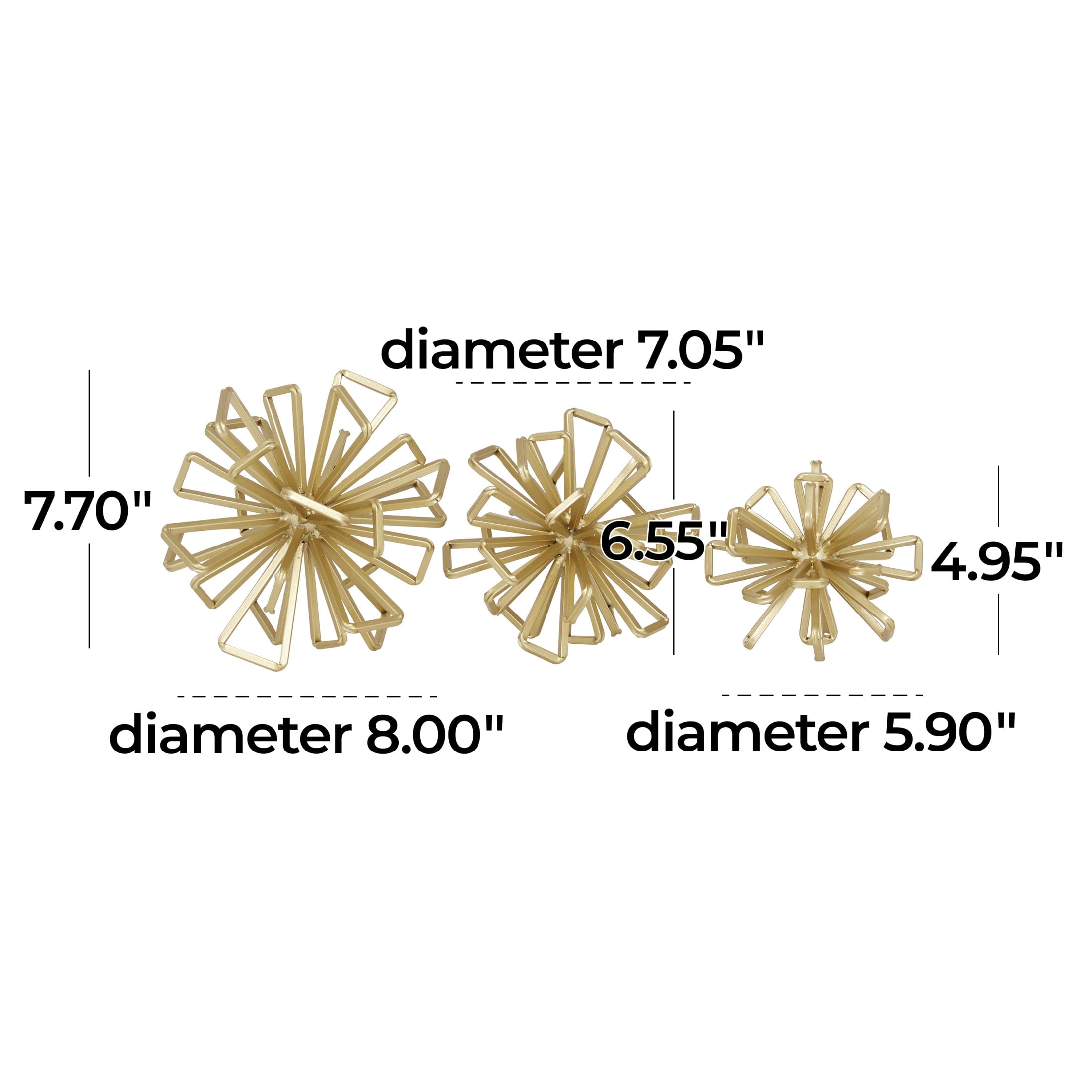 8", 7", 6"W Gold Metal Wire Rod Orb Geometric Sculpture, by DecMode (3 Count)