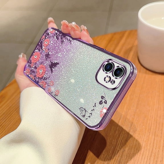 iPhone 12 Case for Girls Women, Luxury Chic Flowers Clear Back Cover with Bling Glitter Paper Anti-Scratch Shockproof Glamorous Phone Case for Apple iPhone 12 - Purple