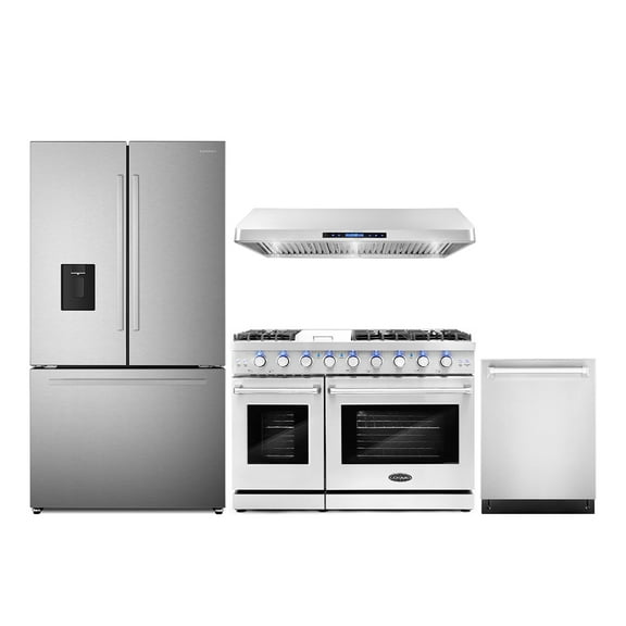 4 Piece Kitchen Package with 48" Freestanding Gas Range 48" Under Cabinet Range Hood 24" Built-in Fully Integrated Dishwasher & French Door Refrigerator