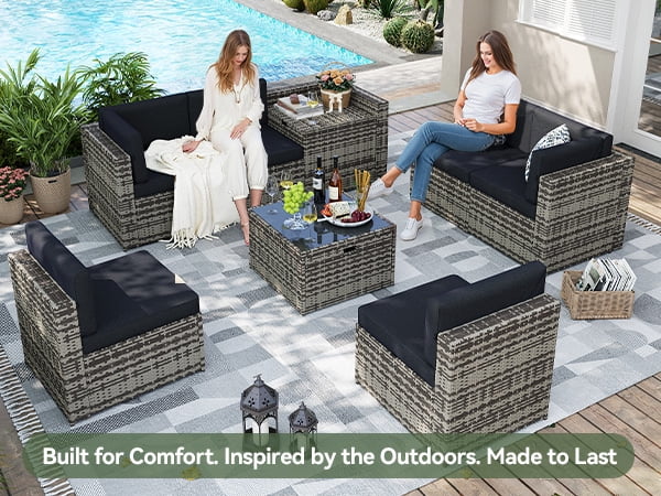Clouddwell 8 Piece Patio Furniture Set, Wicker Outdoor Furniture with Large Storage Table, Black