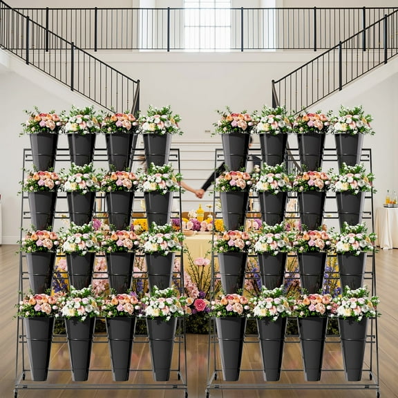Flower Display Stand with 16 Buckets, Flower Cart 4 Layers, Flower Stand Metal with Wheels, Moving Florist Bouquet Shelf, Triangular Rack Black