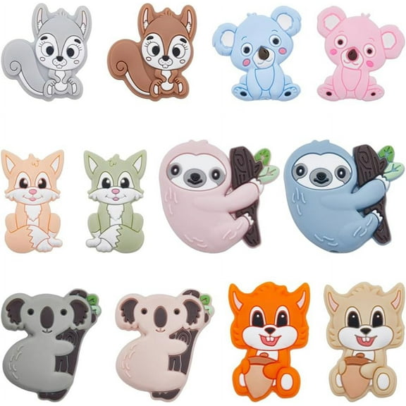 12PCS 6 Styles Animal Silicone Beads Focal Beads Bulk 3D Cute Animals Cartoon Animal Cow Bunny Chunky Rubber Soft Loose Spacer Bead for Keychain Pen Making Kit Beading Bracelet Craft colorful