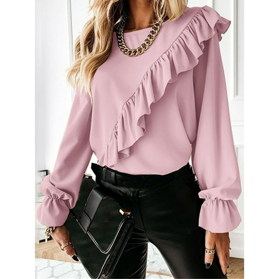 oyyniis Women Long Sleeves Chiffon Blouses Shirts Fashion Lady Elegant Pleated Embellished Shirt Solid Color Pink Tops S
