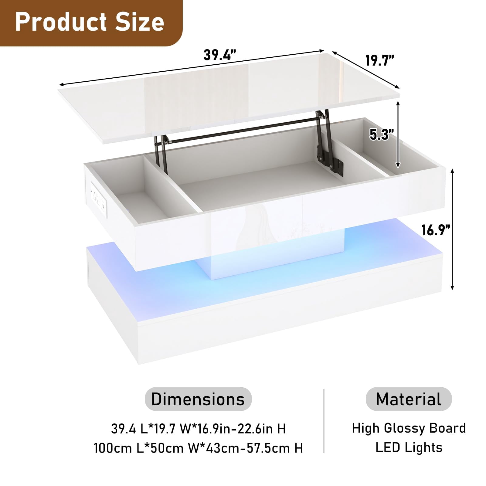 ChVans 39.4" Large Lift Top Coffee Table with Charging Station & LED Lights, Black High Glossy LED Coffee Table with Hidden Compartment Storage, Modern Living Room Tables
