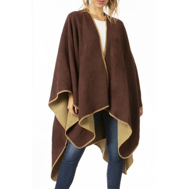 Sakkas Mari Women's Reversible Large Poncho Shawl Wrap Scarf Cape Ruana  Blanket - Brown - One Size Regular