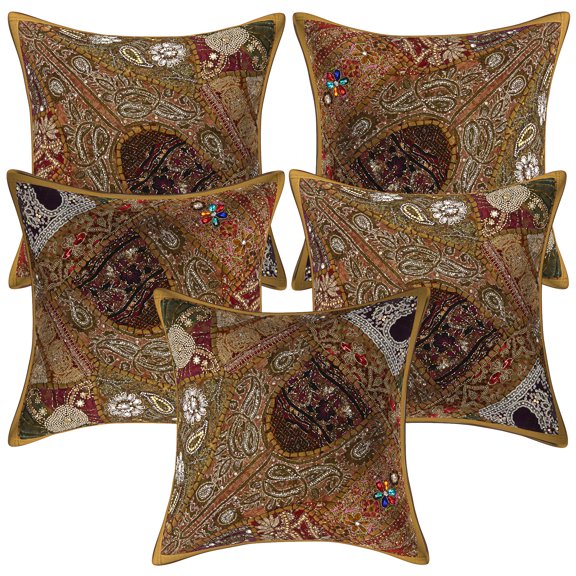 Stylo Culture Indian Cotton Home Decor Throw Pillow Covers Brown 16x16 Bohemian Beaded Sequins Patchwork Embroidered Sofa Cushion Covers 40 x 40 cm Decorative Neck Design Pillowcases | Set Of 5